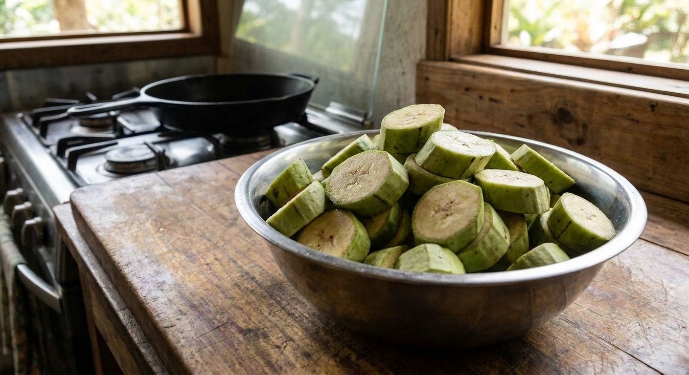 Thick slices of green plantain rounds piled in a metal mixing bowl on a kitchen counter