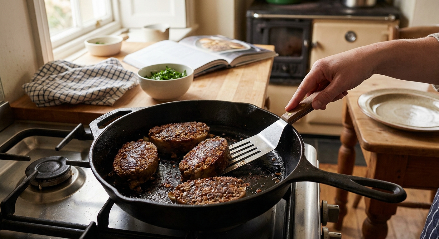 Thick slices of haggis browning in a cast iron skillet with crisp edges, with a spatula resting on the pan