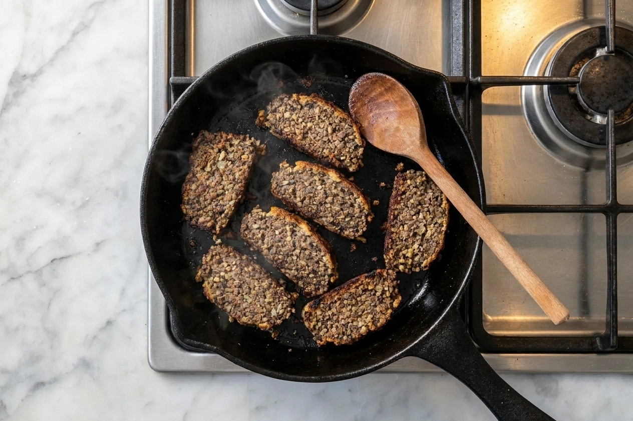 Thick slices of haggis browning in a cast iron skillet with crisp edges, photographed on a stovetop under warm kitchen lighting