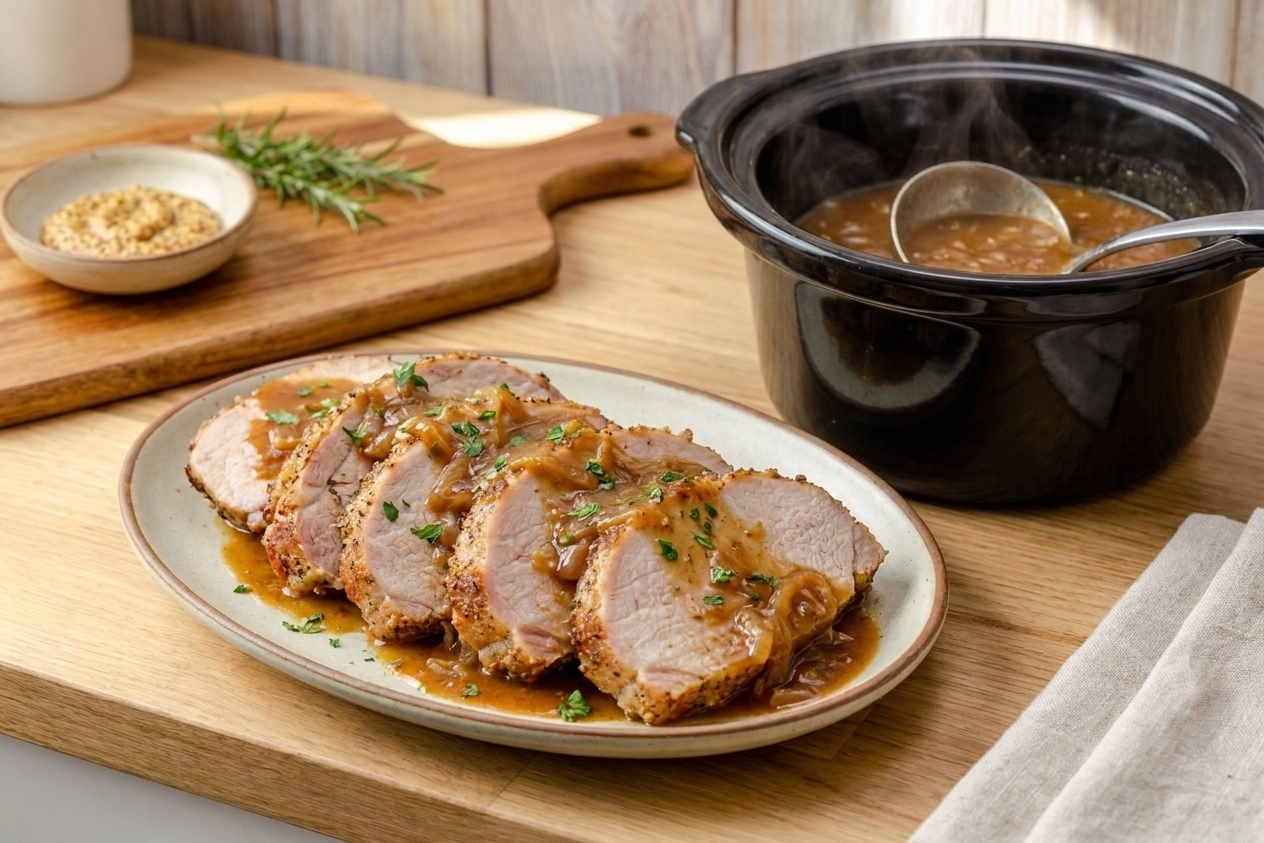 Thick slices of juicy pork loin arranged on a platter with spooned gravy and chopped parsley, with a slow cooker nearby on a kitchen counter
