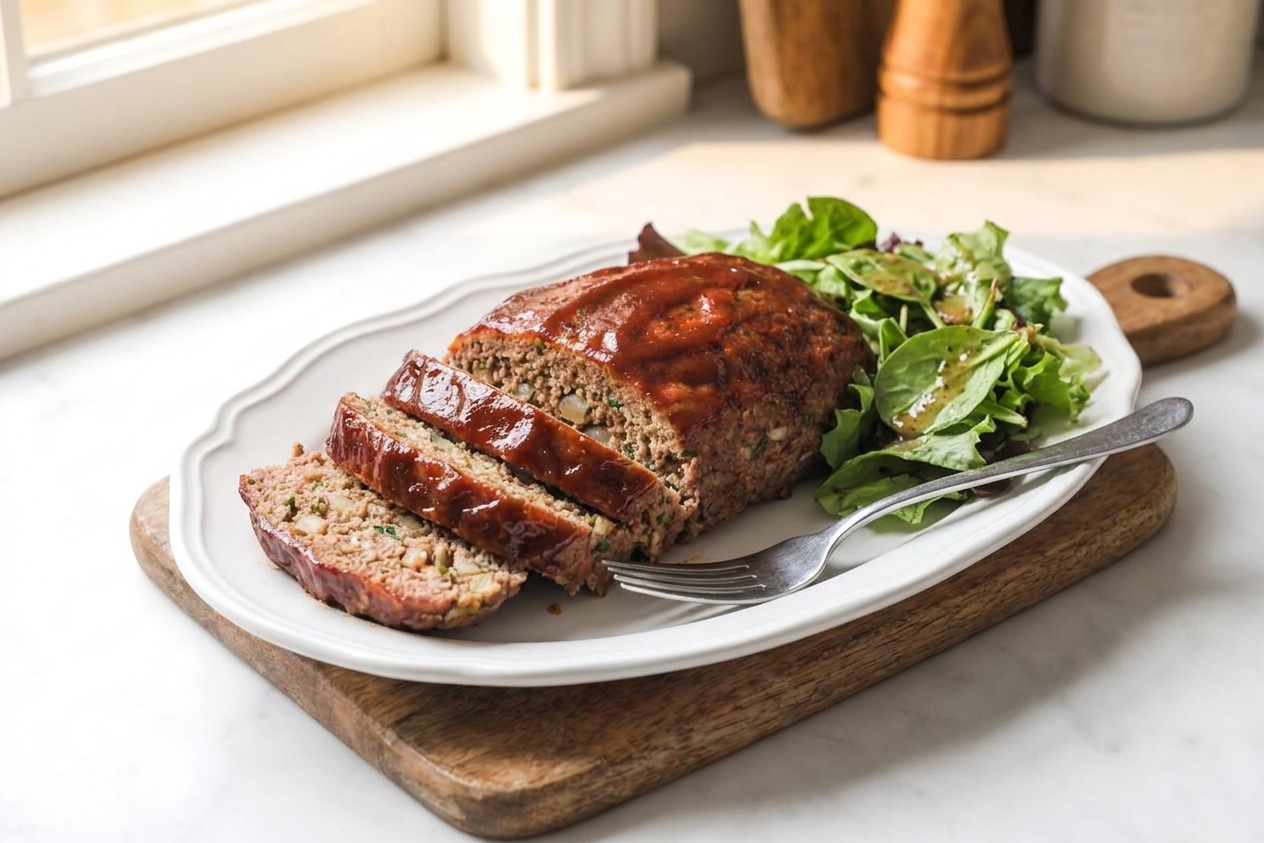 Thick slices of keto meatloaf with a glossy sugar-free glaze on a white platter, with a simple green salad and a fork on the side, warm kitchen lighting