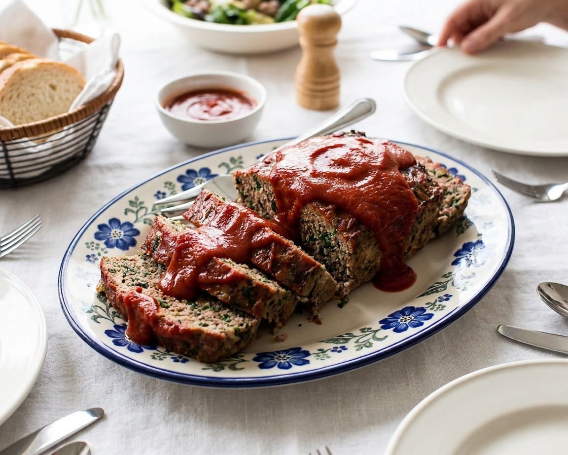 Thick slices of meatloaf arranged on a serving platter with extra glaze on top, ready to serve at a family dinner table