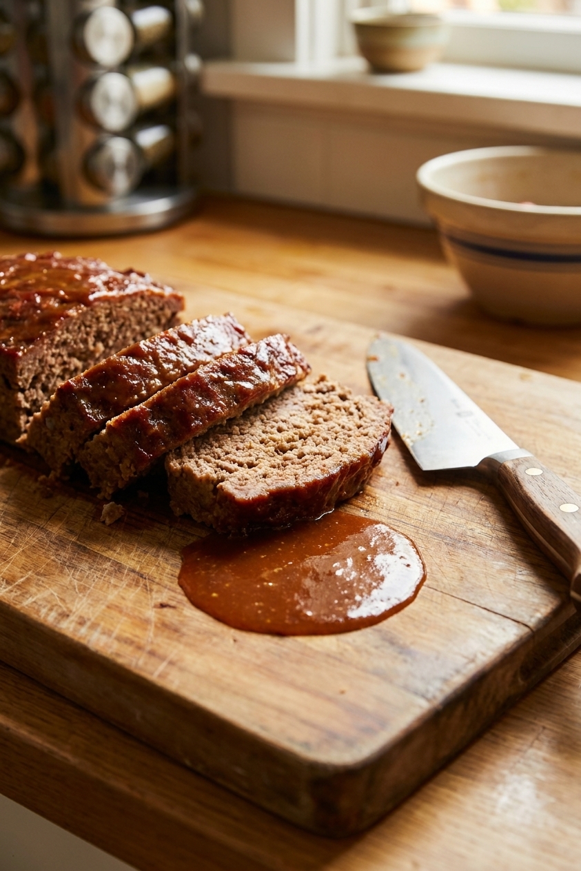 Thick slices of meatloaf on a wooden cutting board with a small pool of glaze and a knife nearby