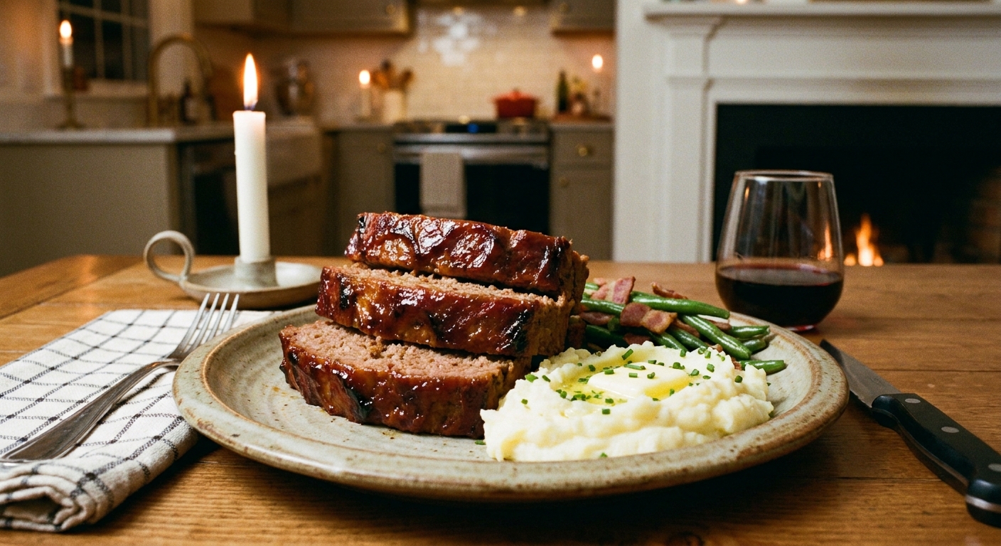 Thick slices of meatloaf stacked on a dinner plate with mashed potatoes and green beans, cozy weeknight dinner photo