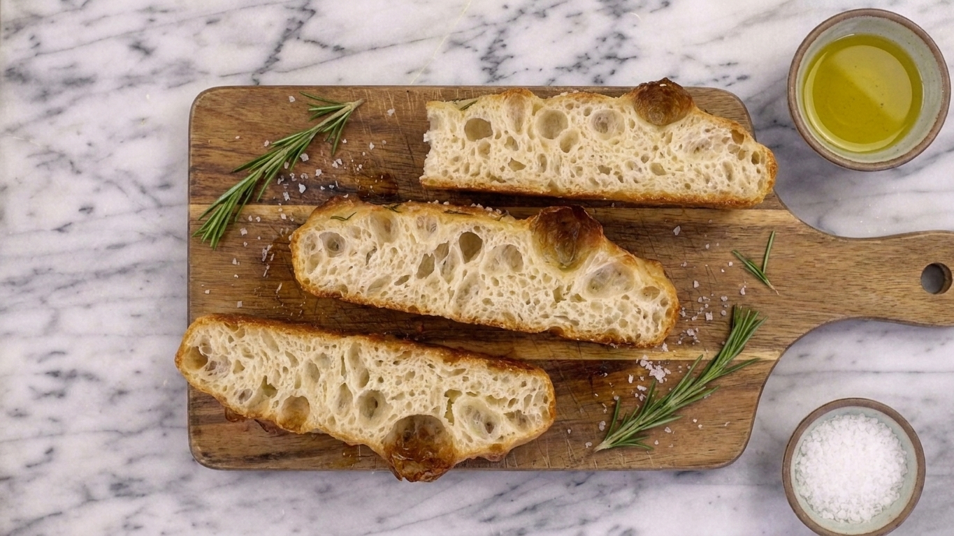 Thick slices of rosemary focaccia on a wooden cutting board, showing an airy crumb and a golden olive oil crisp bottom