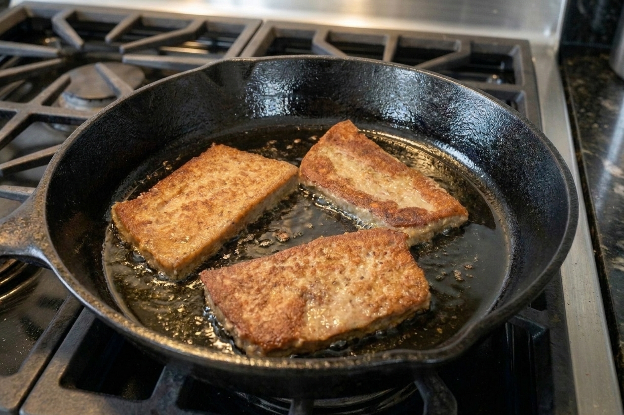 Thick slices of scrapple frying in a cast iron skillet with browned edges forming