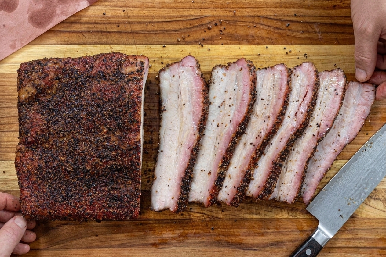 Thick slices of smoked pork belly arranged on a cutting board with a knife nearby, showing juicy layers and dark bark
