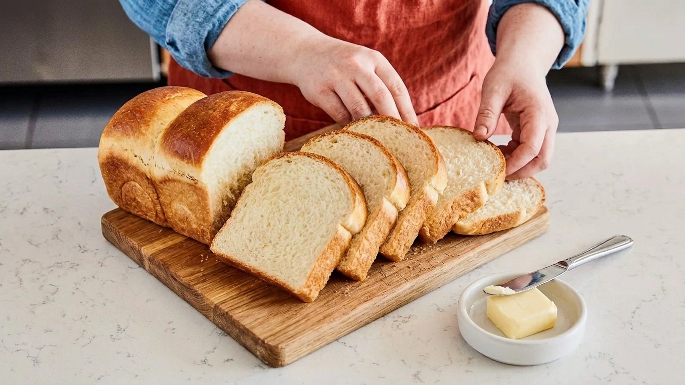 Thick slices of soft Japanese milk bread fanned on a cutting board with a small dish of butter nearby