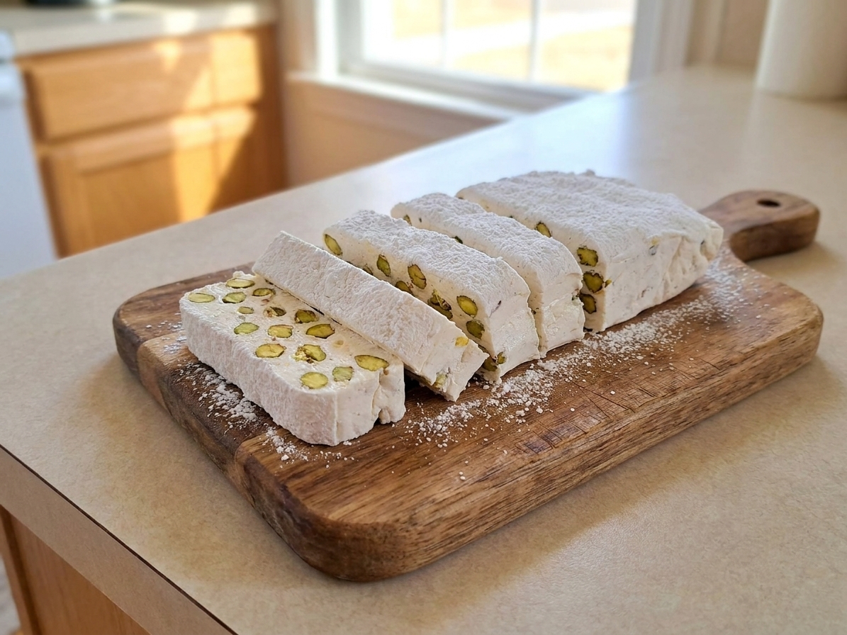 Thick slices of soft white pistachio nougat dusted lightly with powdered sugar on a wooden cutting board in warm kitchen light