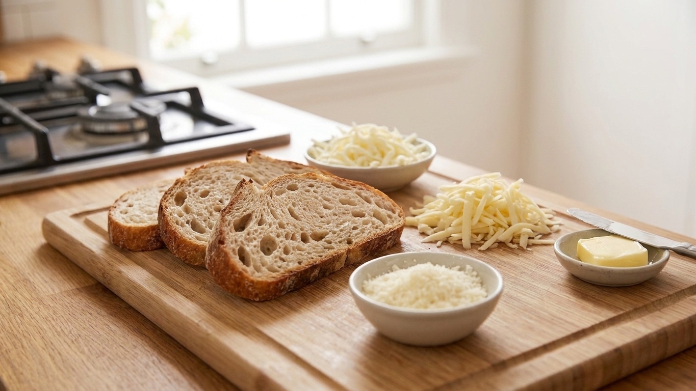 Thick slices of sourdough bread on a wooden cutting board beside butter, shredded mozzarella, shredded white cheddar, and a small bowl of finely grated parmesan on a bright kitchen counter
