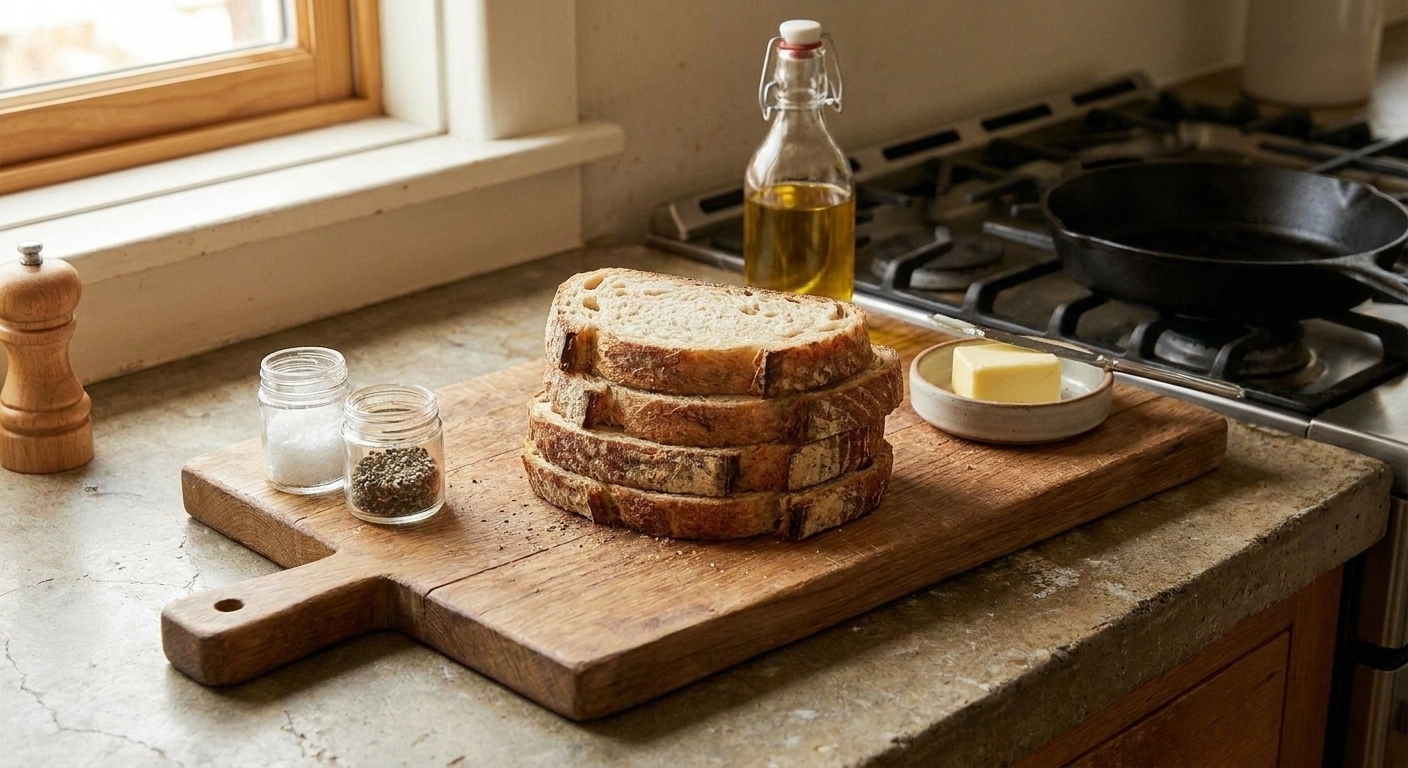 Thick slices of sourdough bread stacked on a wooden cutting board next to small bowls of salt and pepper on a kitchen counter