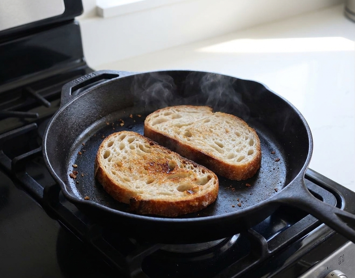 Thick slices of sourdough toasting in a dry cast iron skillet on a home stove, edges turning golden and crisp
