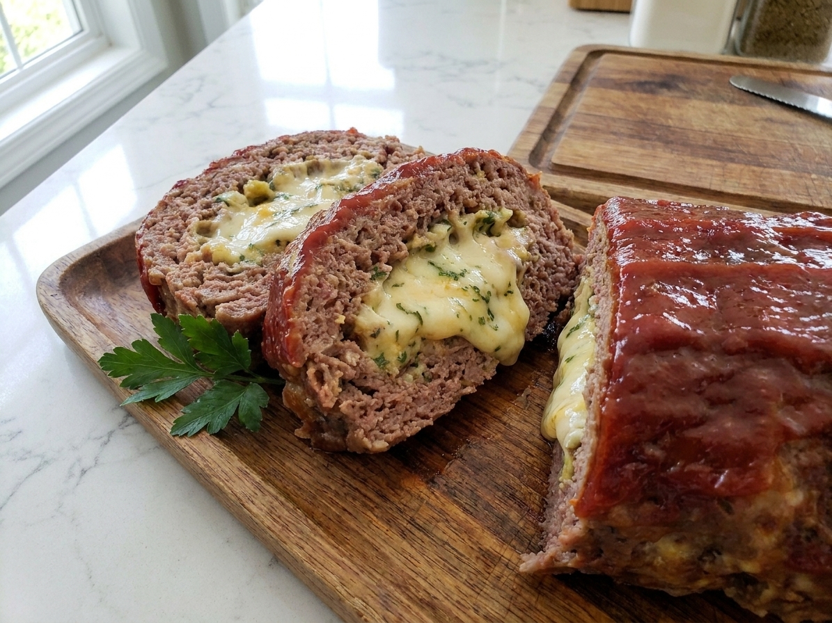 Thick slices of stuffed meatloaf with a melty cheese center arranged on a platter with a glossy glazed top