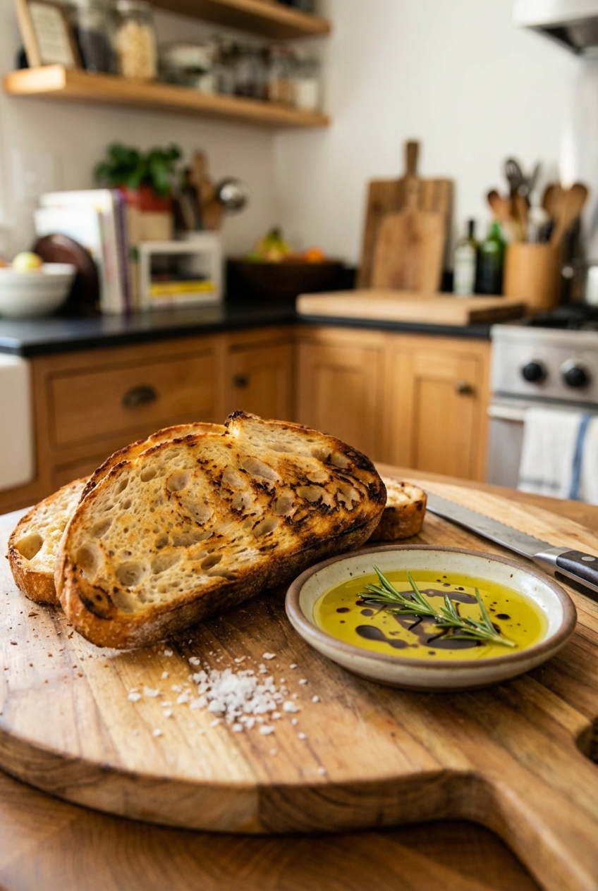 Thick slices of toasted sourdough bread on a cutting board with a small dish of olive oil