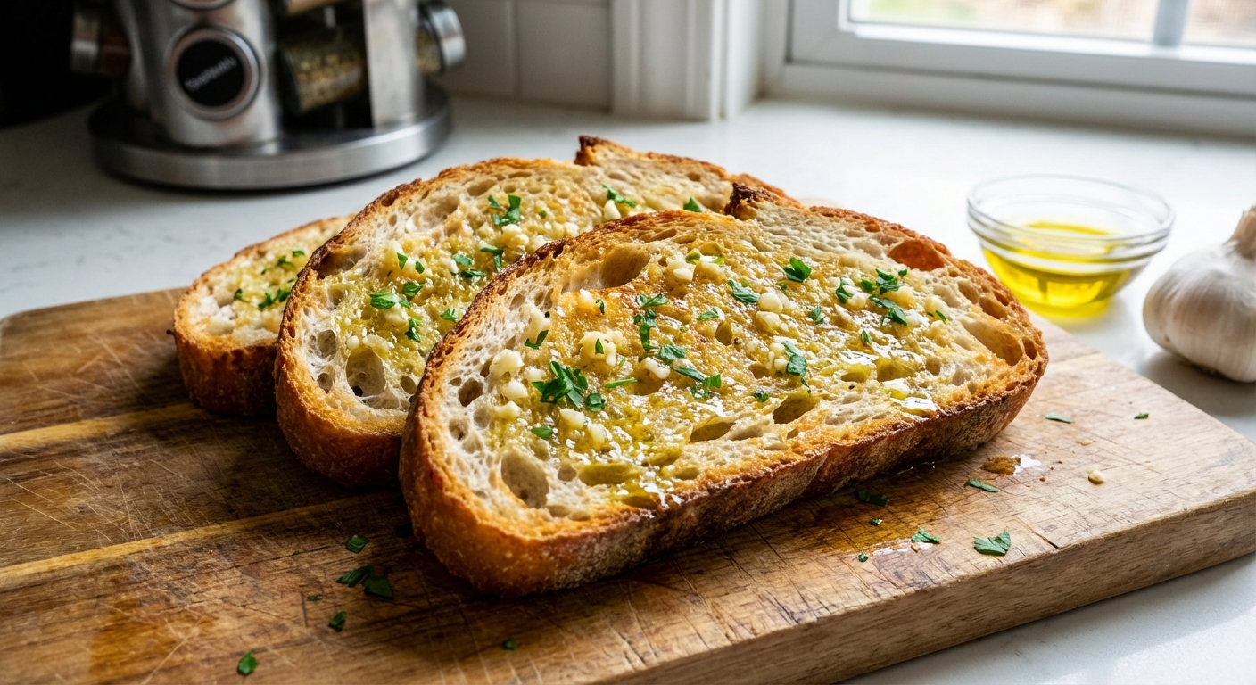 Thick slices of toasted sourdough rubbed with garlic and drizzled with olive oil on a cutting board