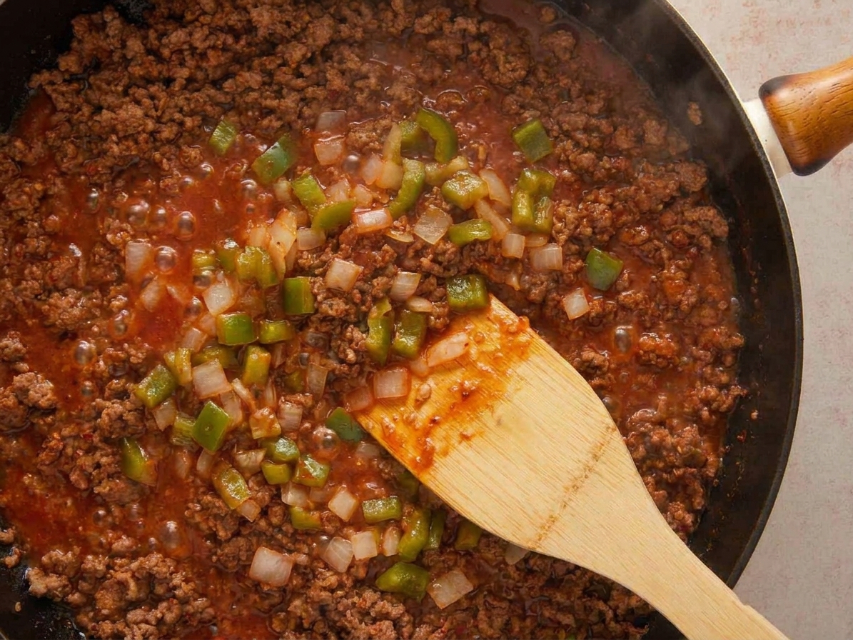 Thick sloppy joe filling simmering in a skillet with a glossy, brick-red sauce