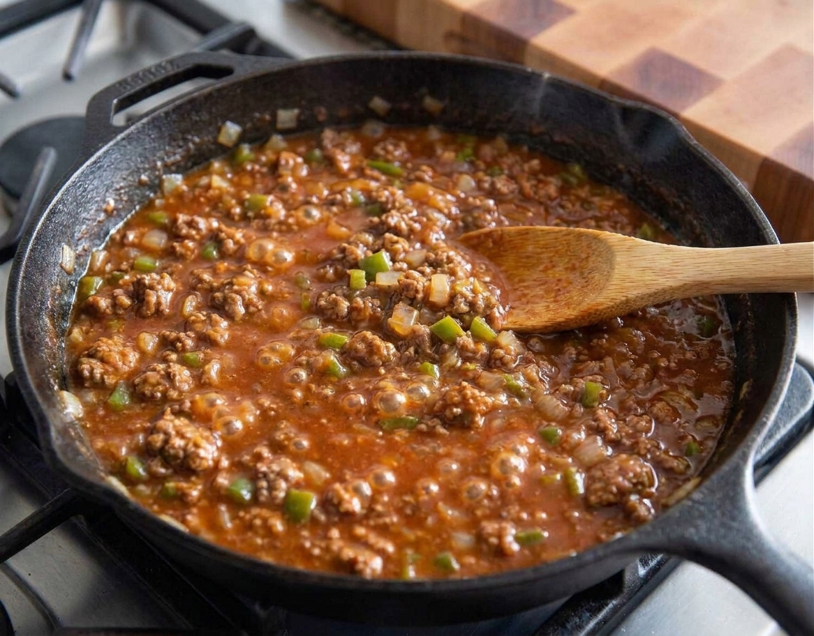 Thick sloppy joe sauce in a skillet with small bubbles and a rich reddish-brown color