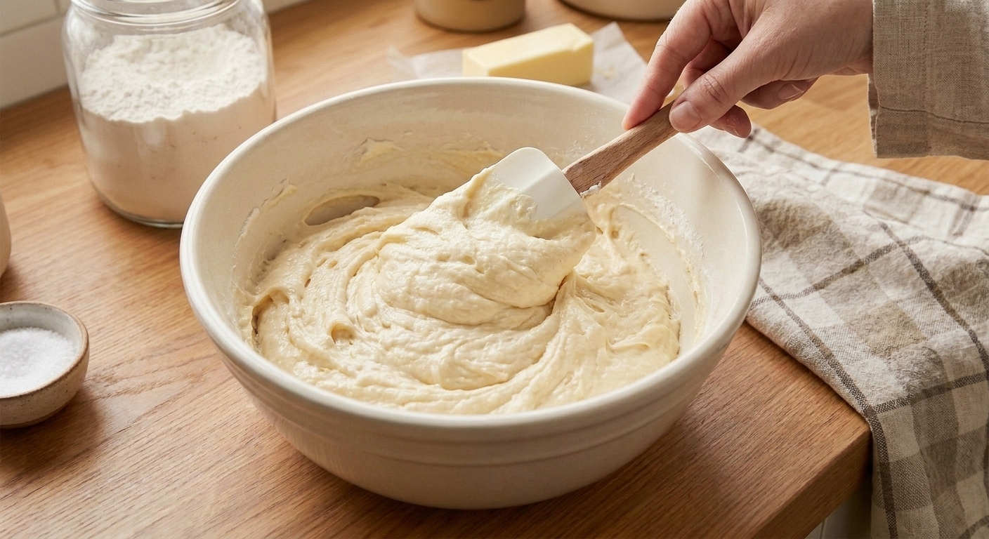 Thick sour cream pound cake batter being folded with a rubber spatula in a large mixing bowl
