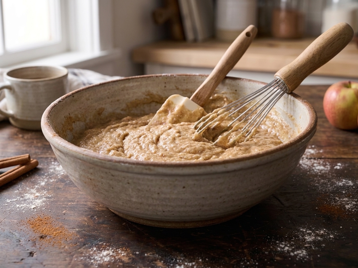Thick spiced apple cider muffin batter in a mixing bowl with a whisk and spatula on the counter