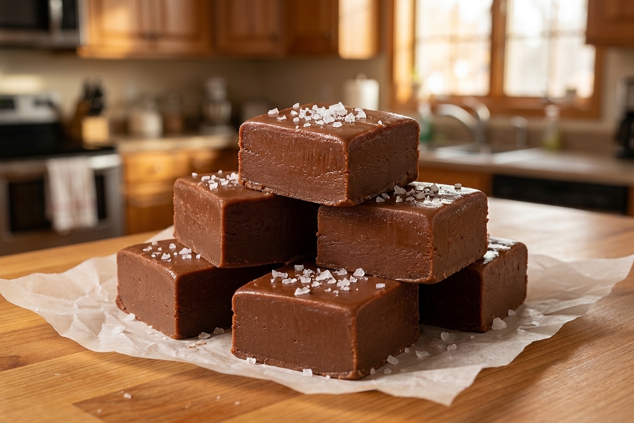 Thick squares of glossy chocolate fudge stacked on parchment paper on a warm-toned kitchen counter, with a small sprinkle of flaky salt on top