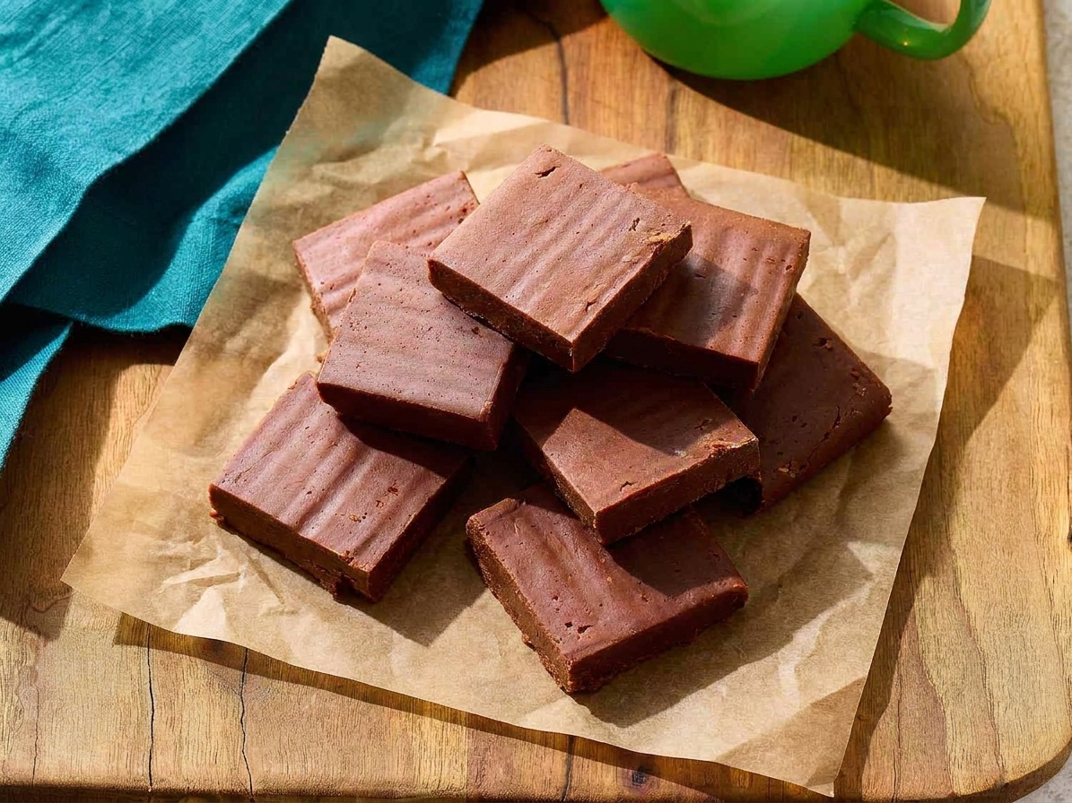 Thick squares of glossy chocolate marshmallow fluff fudge stacked on parchment on a wooden cutting board in a bright home kitchen