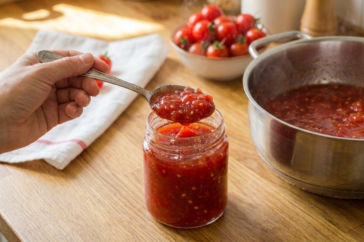 Thick tomato jam being spooned into a clean glass jar on a kitchen counter in cozy home kitchen light