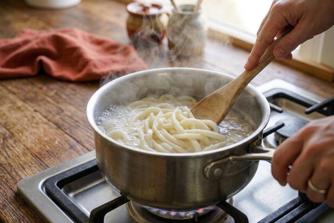 Thick udon noodles boiling in a pot of water on a home stove with steam rising