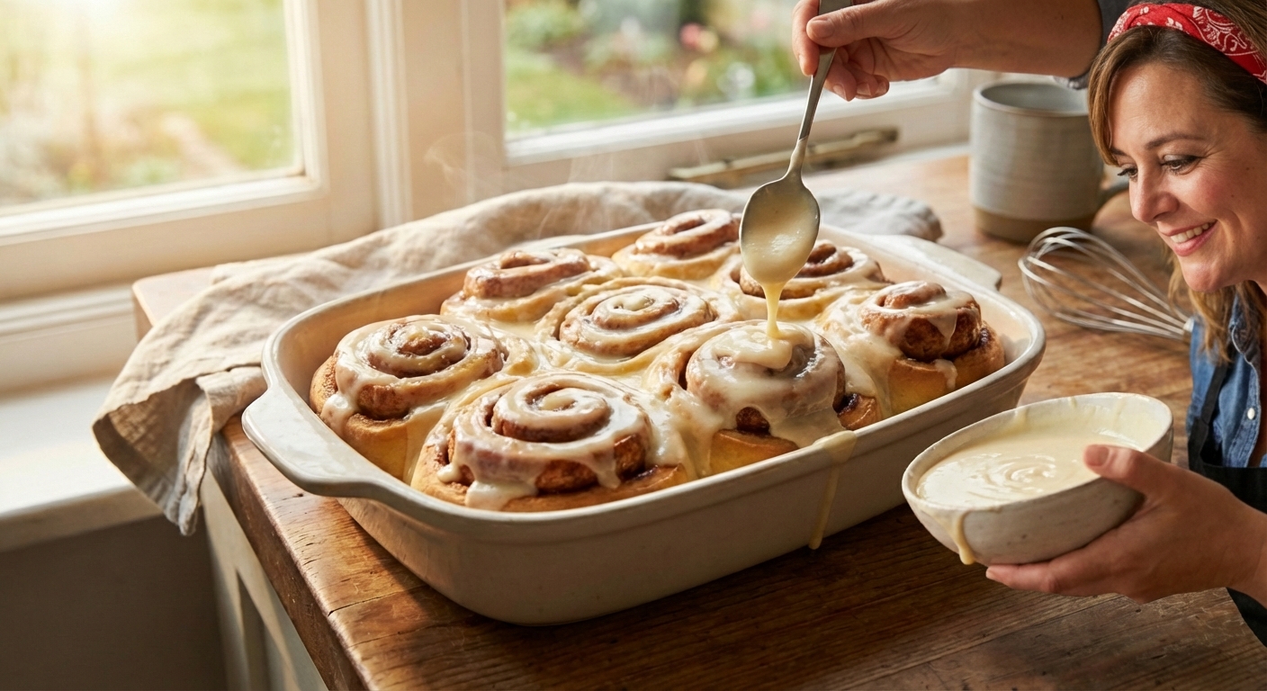 Thick vanilla cream cheese glaze being poured over a pan of freshly baked cinnamon rolls