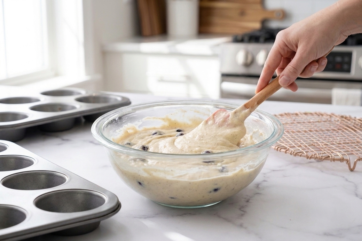 Thick vanilla protein muffin batter being folded in a large mixing bowl with a rubber spatula on a kitchen counter
