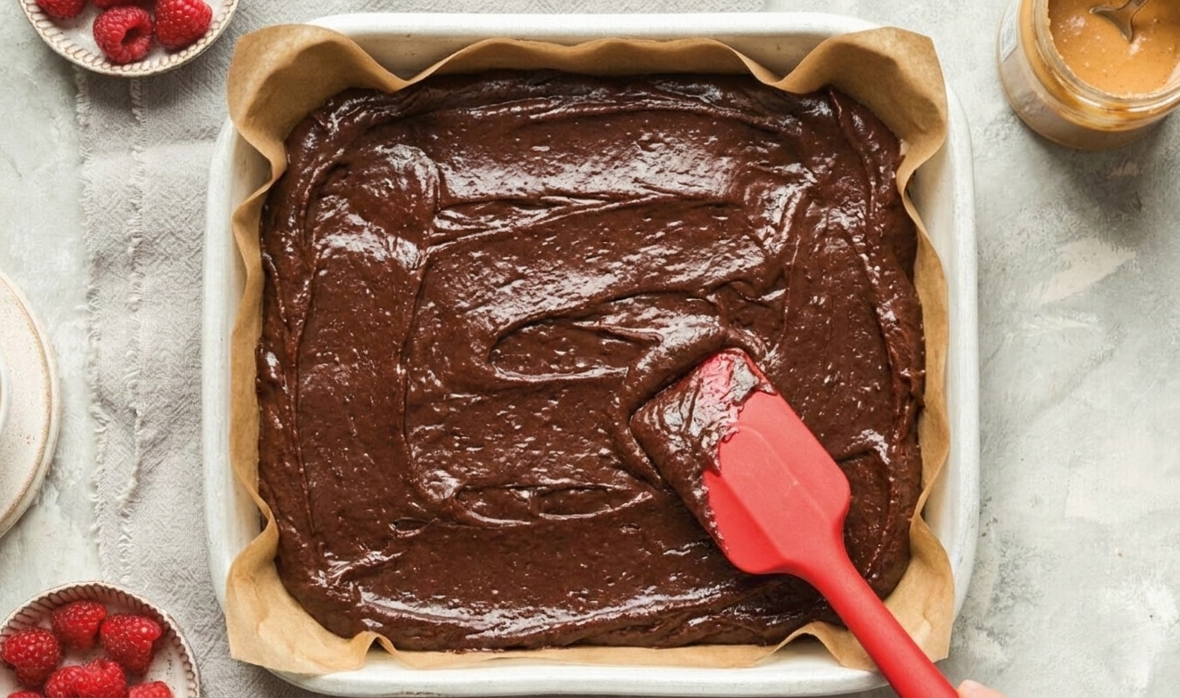 Thick vegan brownie batter being spread into a parchment-lined square baking pan with a rubber spatula on a kitchen counter