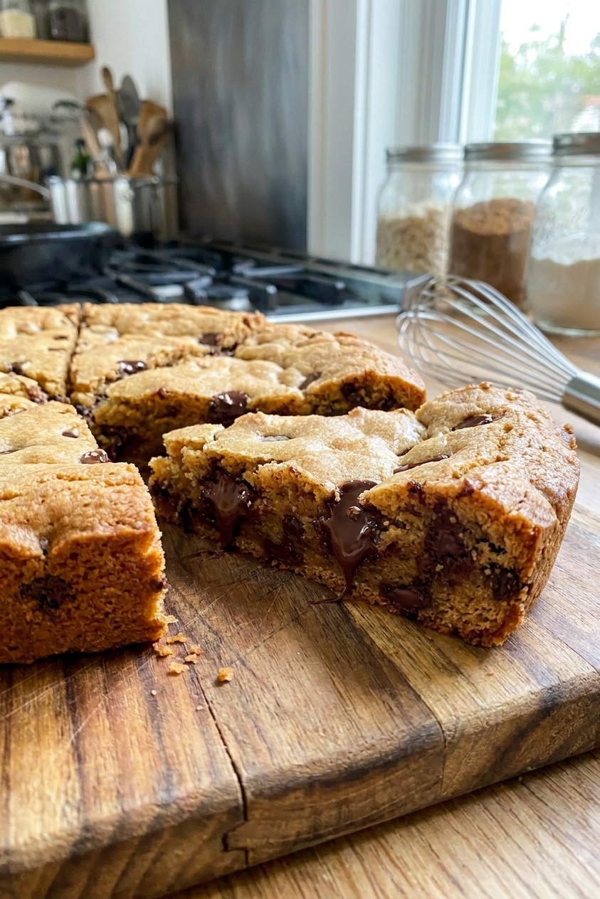 Thick wedges of cast iron skillet chocolate chip cookie on a wooden cutting board with visible melty chocolate pockets