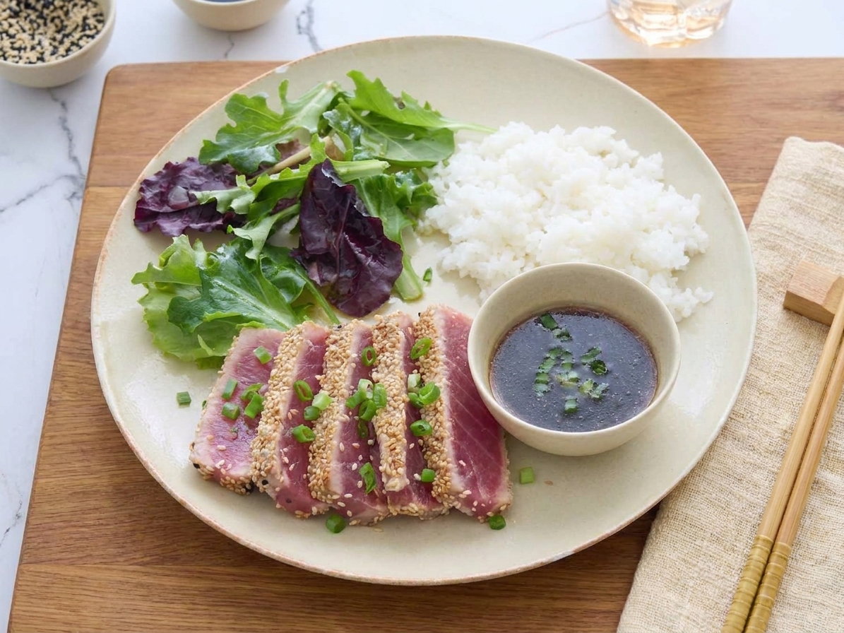 Thick yellowfin ahi tuna steaks sliced and fanned on a white plate with a sesame crust, scallions, and a small bowl of soy dipping sauce on a warm kitchen table