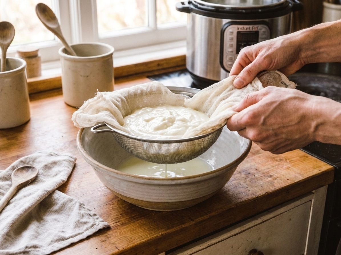 Thick yogurt straining in a cheesecloth-lined sieve over a bowl on a kitchen counter