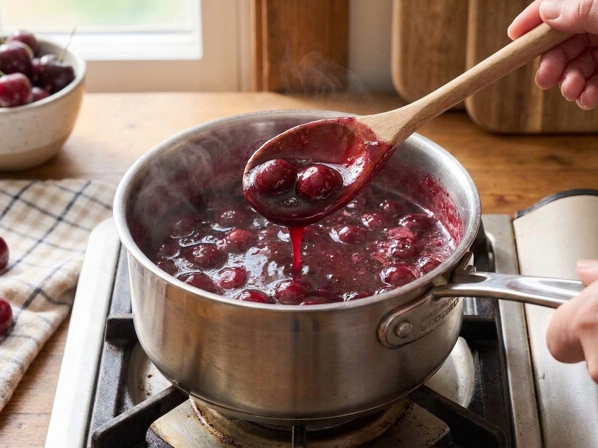 Thickened cherry pie filling in a saucepan, the sauce glossy and coating a spoon as it is stirred
