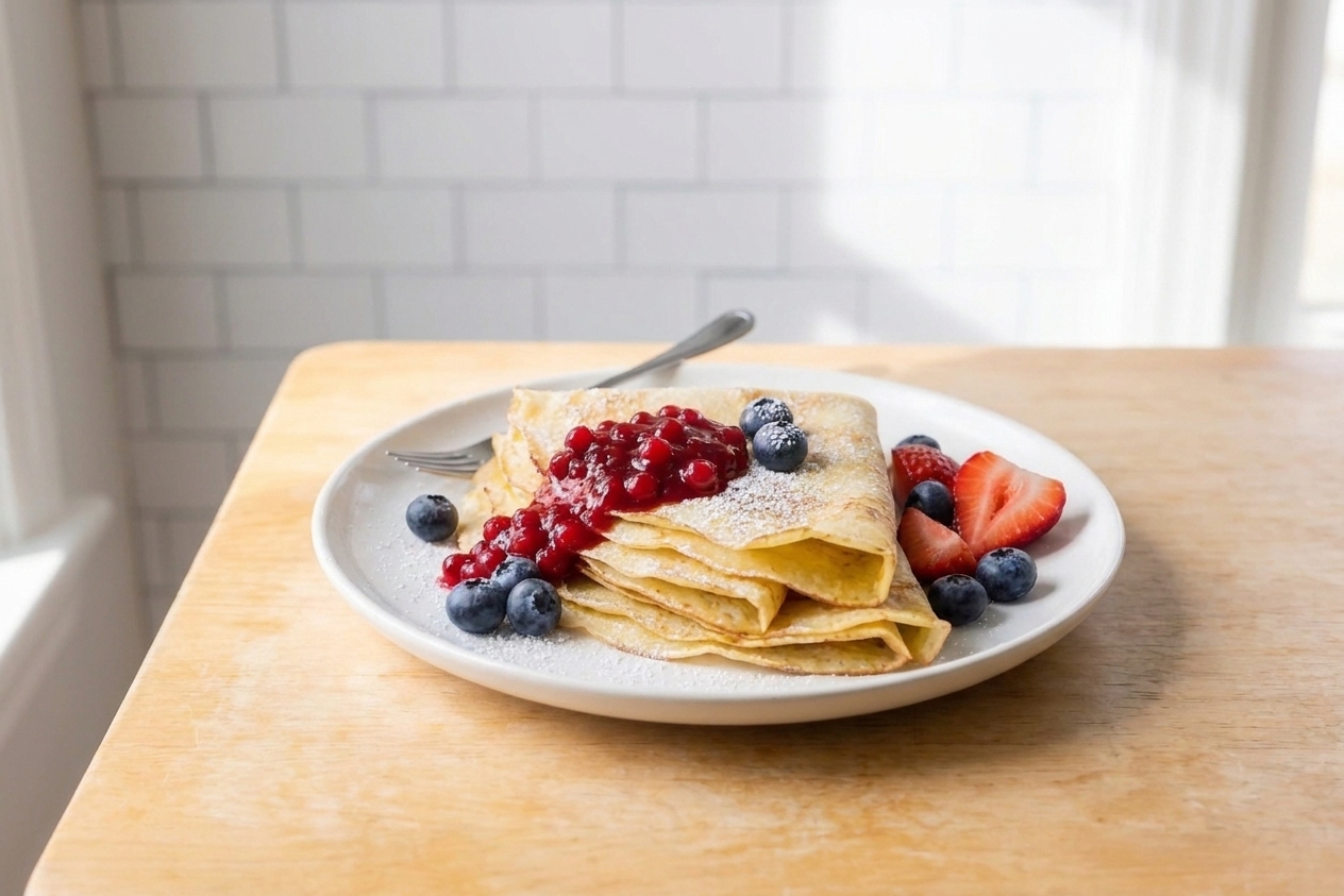 Thin Swedish pancakes folded into quarters on a plate with a spoonful of lingonberry jam and fresh berries in a cozy kitchen setting