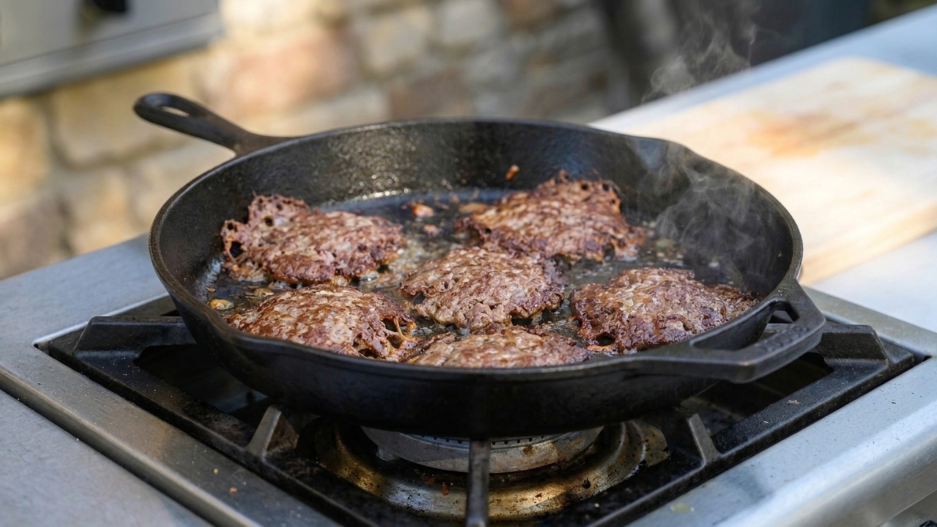 Thin beef patties sizzling in a cast iron skillet with browned lacy edges forming
