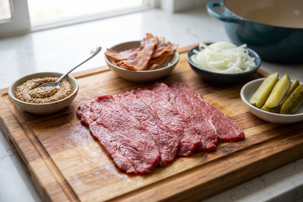 Thin beef slices laid flat on a cutting board with mustard, bacon, sliced onion, and pickle spears arranged nearby