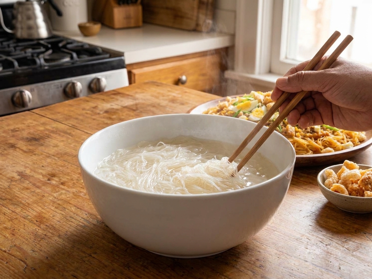 Thin bihon rice noodles soaking in a large bowl of hot water on a kitchen counter