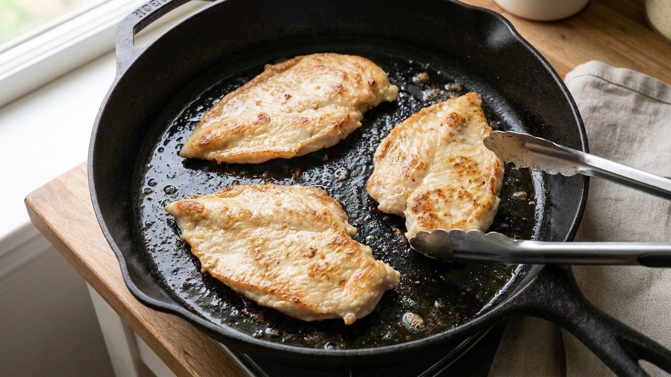 Thin chicken cutlets browning in a hot skillet with light golden edges