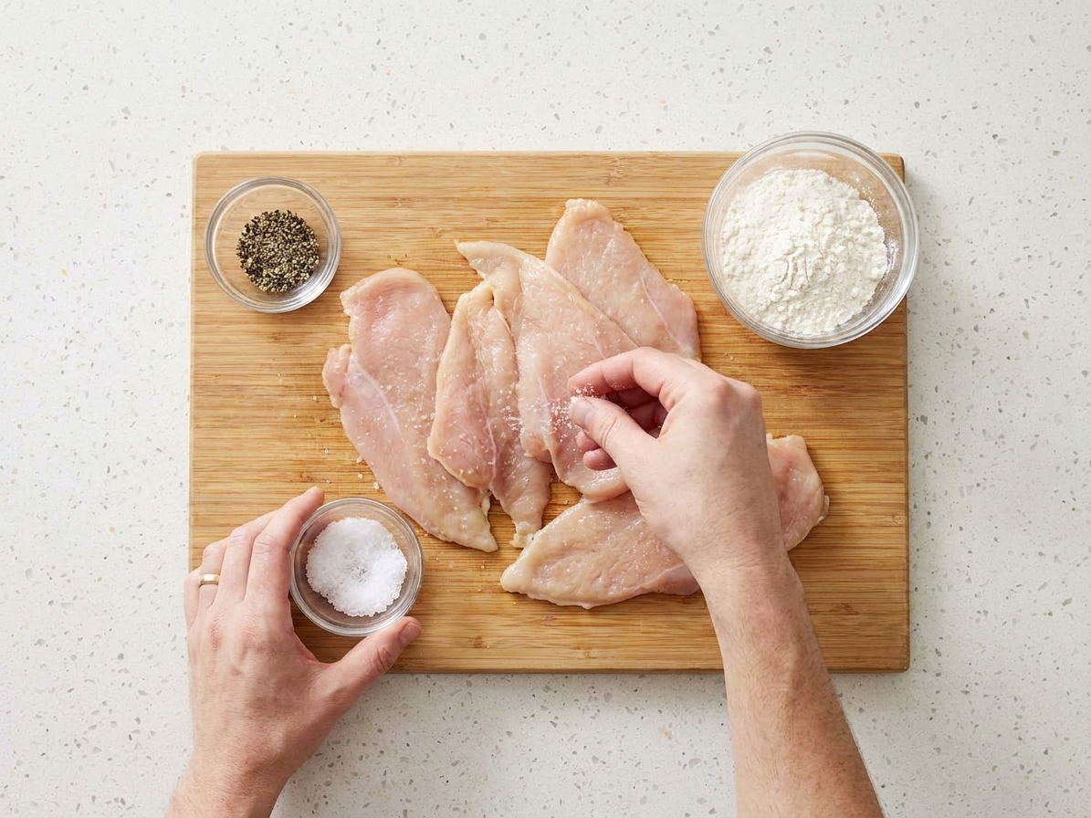 Thin chicken cutlets on a cutting board being seasoned with salt and pepper, with a small bowl of flour nearby