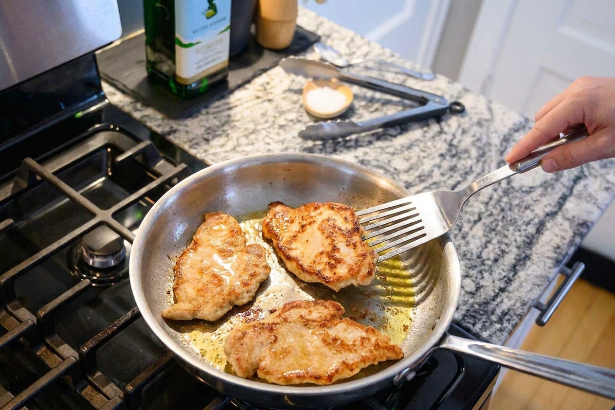 Thin chicken cutlets searing in a hot skillet with browned edges and a light sheen of olive oil