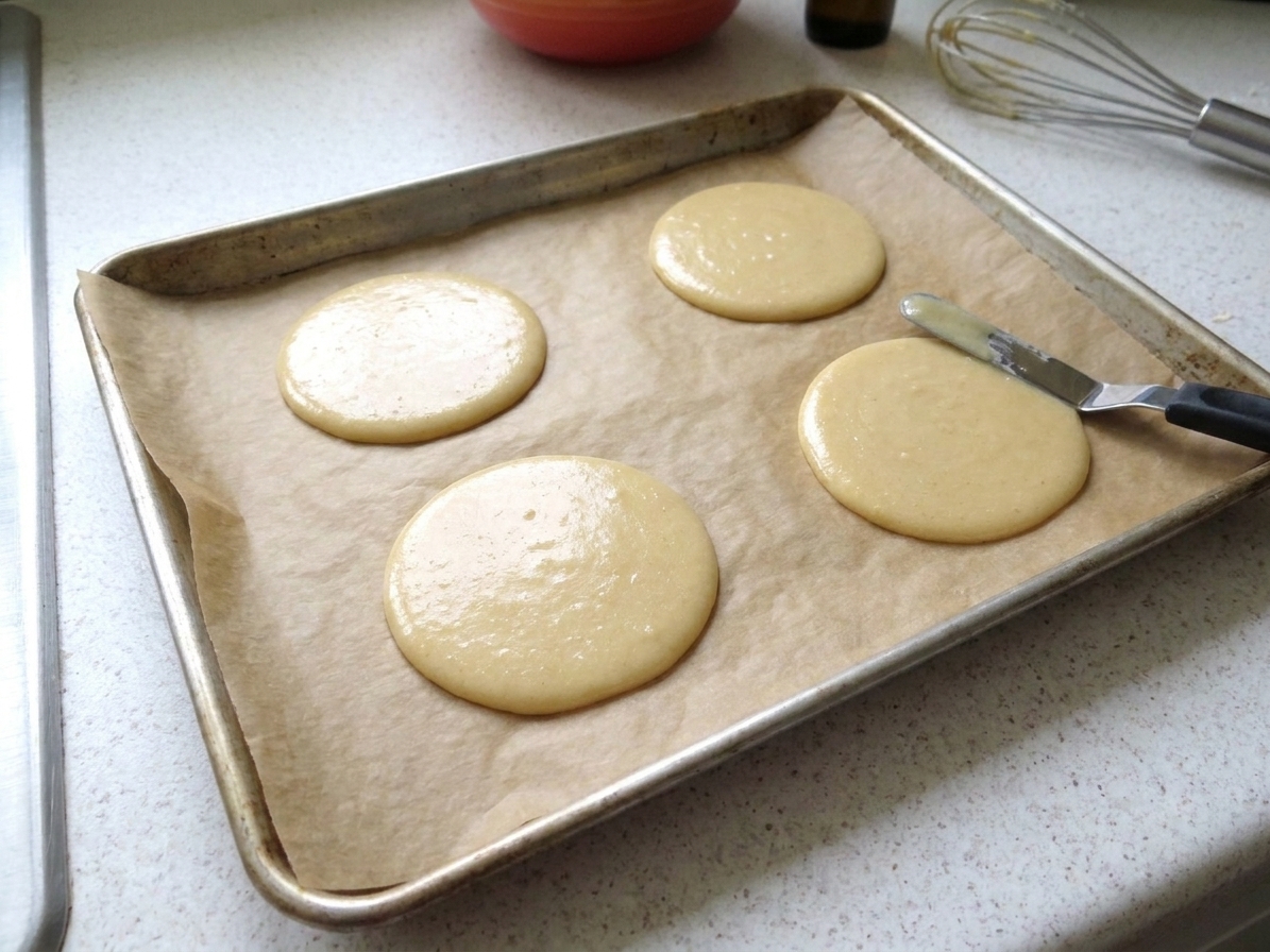 Thin circles of fortune cookie batter spread on parchment paper on a baking sheet