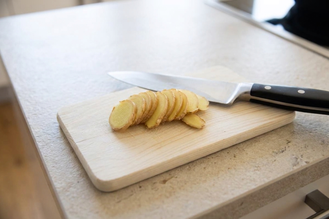 Thin coins of fresh ginger arranged on a cutting board next to a knife on a light stone kitchen counter