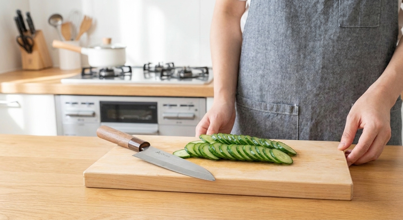 Thin cucumber slices on a wooden cutting board with a chef’s knife nearby on a bright kitchen counter