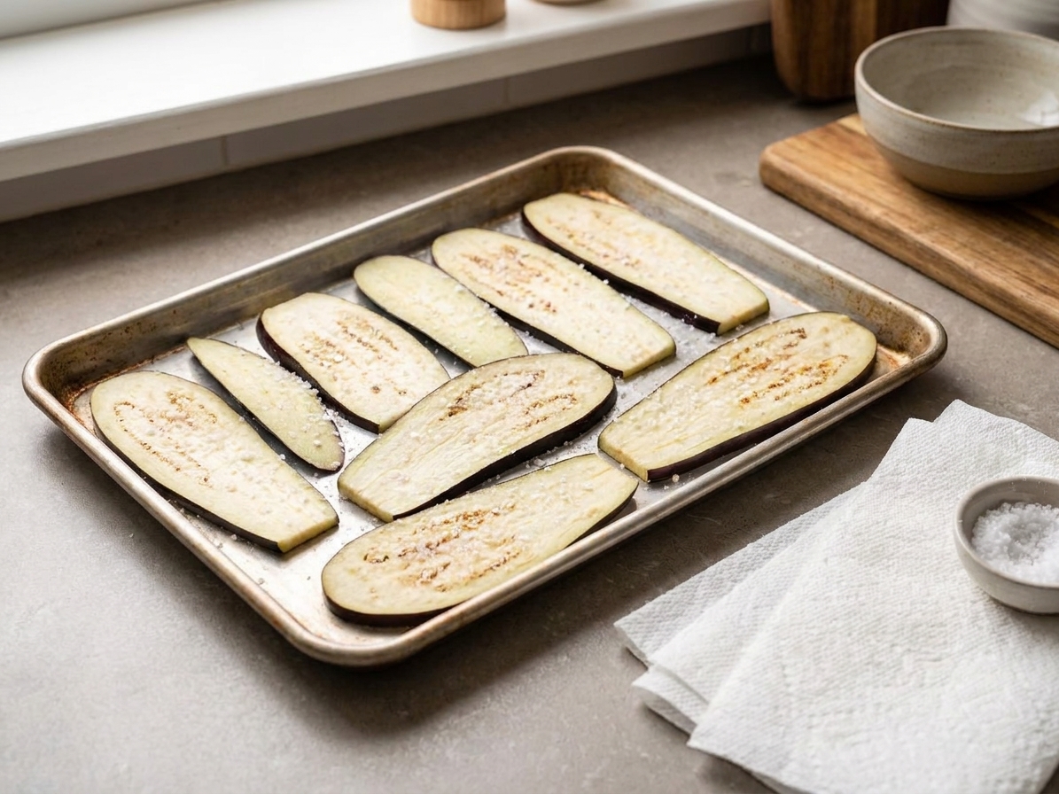 Thin eggplant slices laid on a sheet pan and sprinkled with salt, with paper towels nearby on a bright kitchen counter