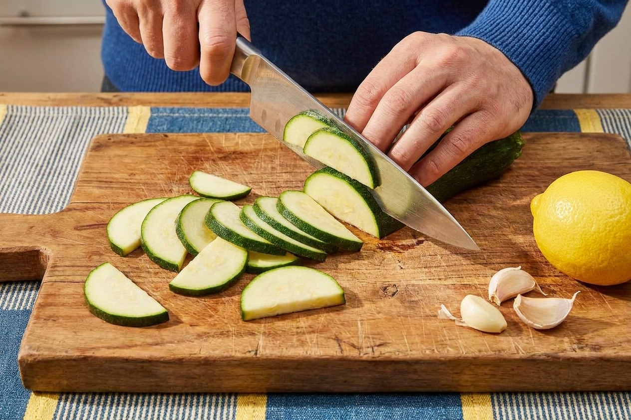 Thin half-moons of zucchini being sliced on a wooden cutting board with a chef’s knife, with garlic and a lemon nearby
