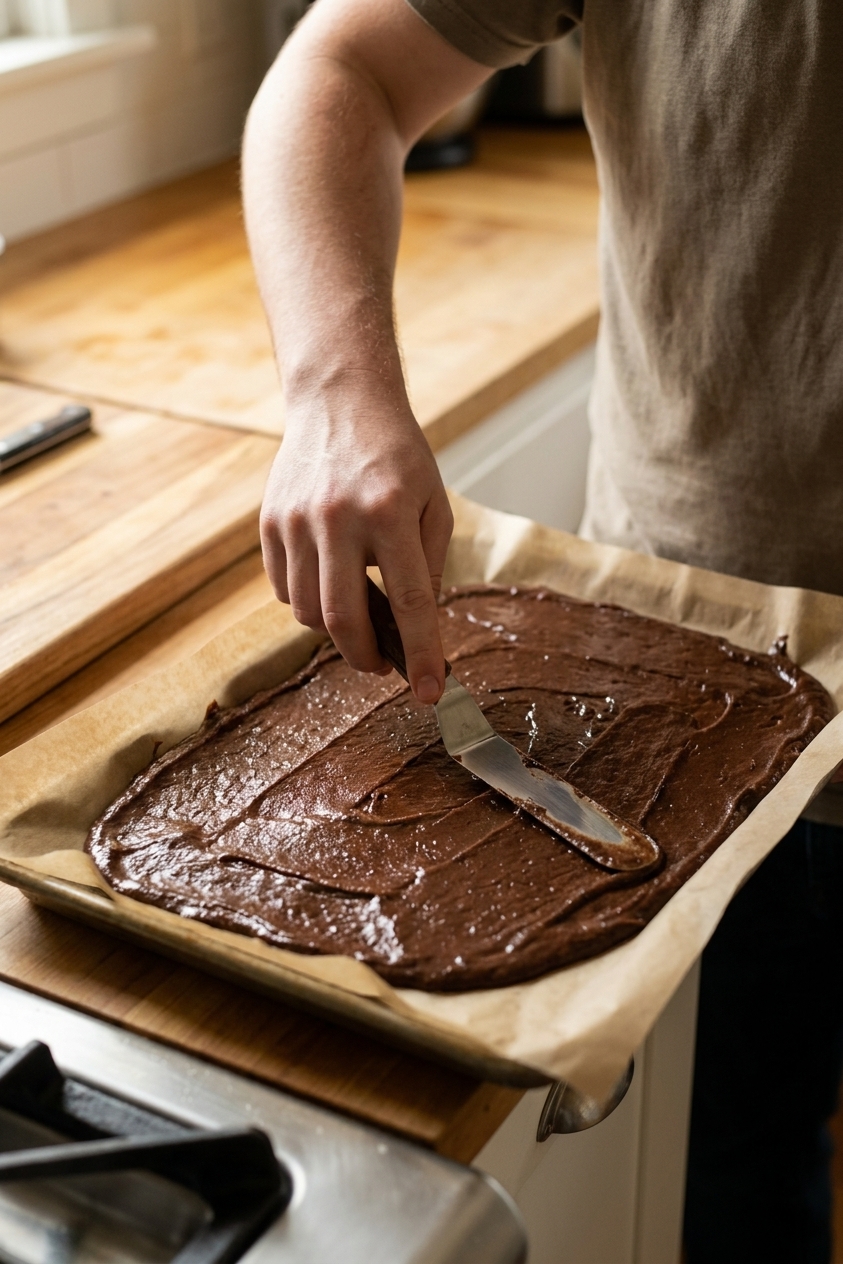 Thin layer of chocolate brownie batter being spread with an offset spatula on a parchment-lined rimmed baking sheet, close-up real photo
