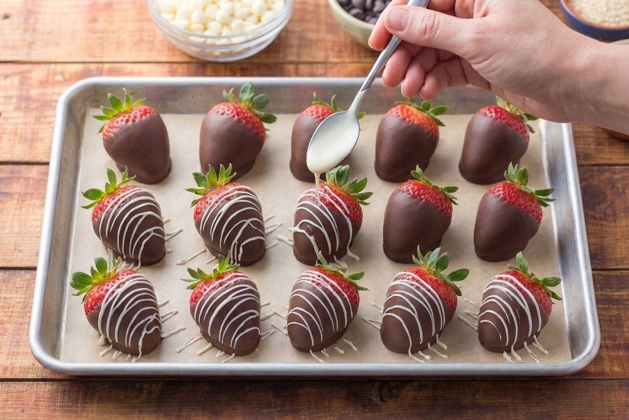 Thin lines of white chocolate drizzled over set chocolate covered strawberries on a baking sheet