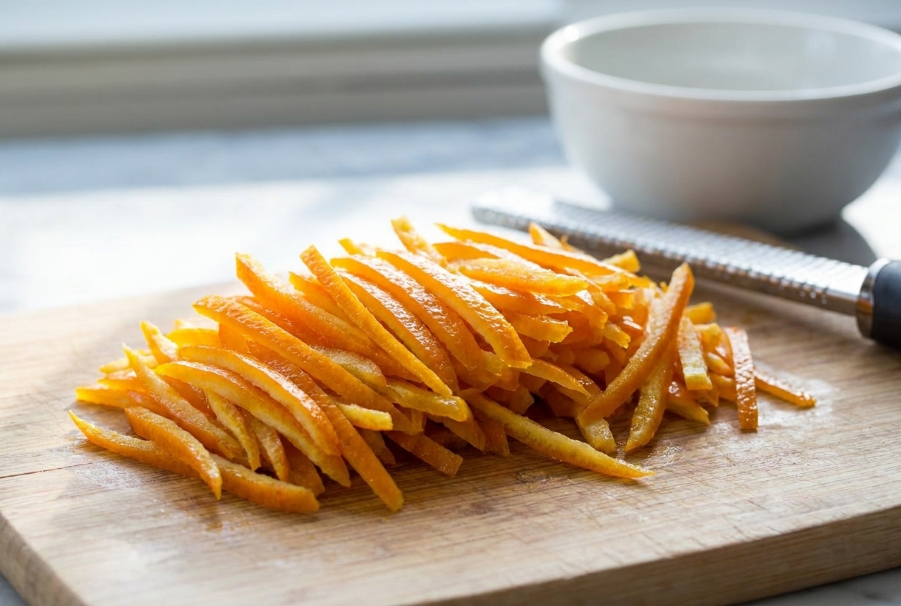 Thin matchstick strips of orange peel piled on a cutting board