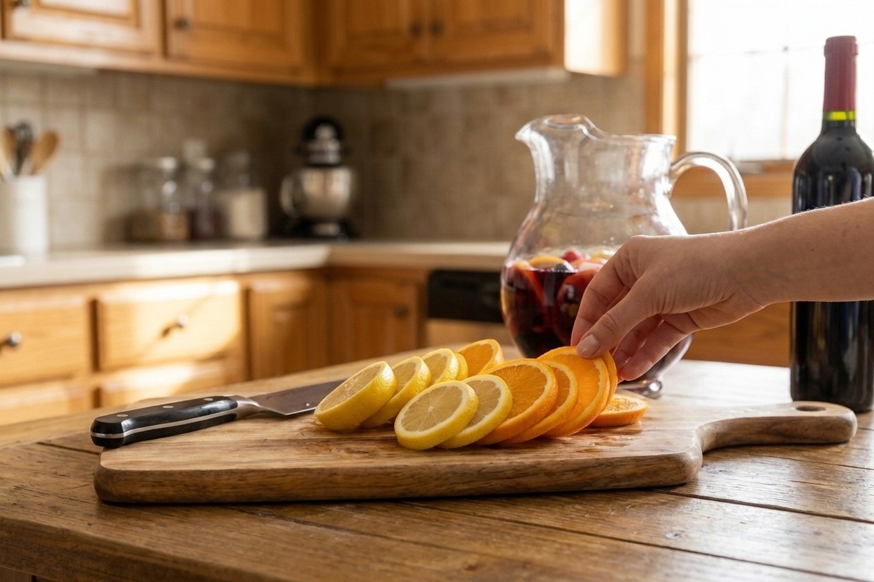 Thin orange and lemon half-moon slices on a cutting board beside a knife, ready to add to sangria
